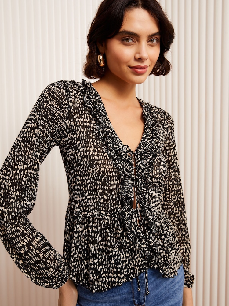 Friends Like These Black Print Ruffle Front Mesh Blouse - Image 1 of 4