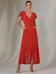 Jolie Moi Dark Orange Plain Wrap Mesh Maxi Dress - Image 1 of 6