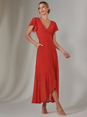 Jolie Moi Dark Orange Plain Wrap Mesh Maxi Dress - Image 6 of 6