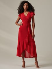 Jolie Moi Red Plain Wrap Mesh Maxi Dress - Image 1 of 6