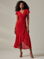 Jolie Moi Red Plain Wrap Mesh Maxi Dress - Image 5 of 6