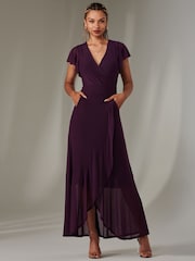 Jolie Moi Dark Purple Plain Wrap Mesh Maxi Dress - Image 1 of 6