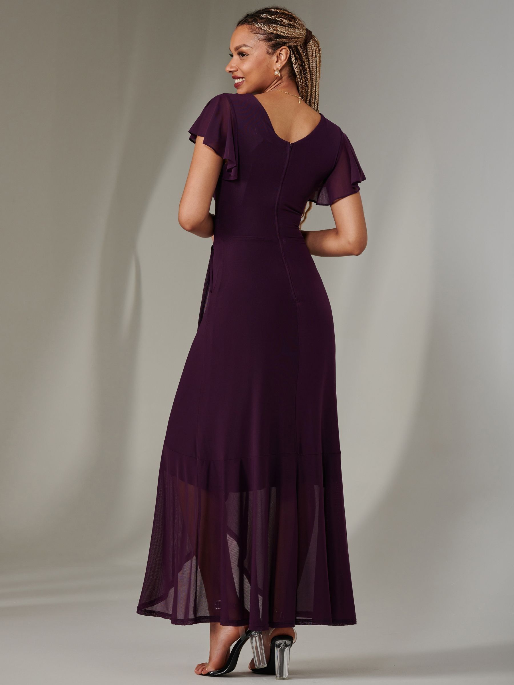 Jolie Moi Dark Purple Plain Wrap Mesh Maxi Dress 18 Womens