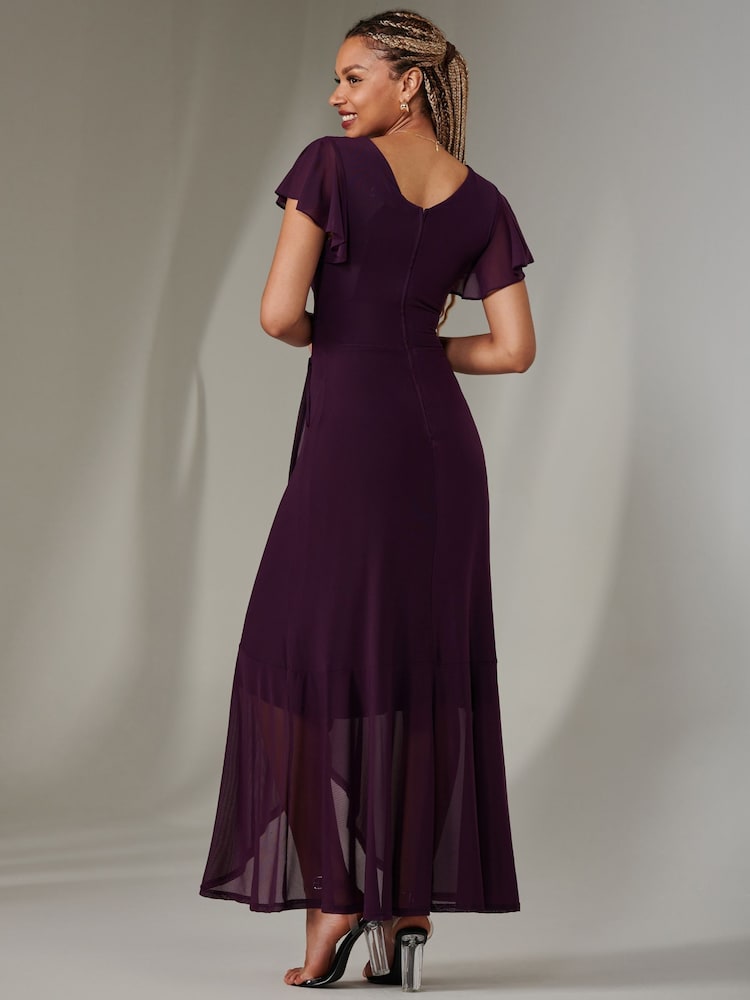 Jolie Moi Dark Purple Plain Wrap Mesh Maxi Dress - Image 2 of 6