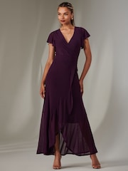 Jolie Moi Dark Purple Plain Wrap Mesh Maxi Dress - Image 5 of 6