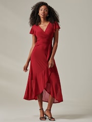 Jolie Moi Dark Red Plain Wrap Mesh Maxi Dress - Image 1 of 6