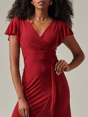 Jolie Moi Dark Red Plain Wrap Mesh Maxi Dress - Image 3 of 6