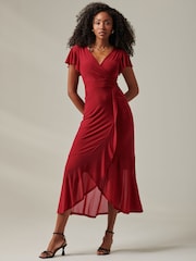 Jolie Moi Dark Red Plain Wrap Mesh Maxi Dress - Image 4 of 6
