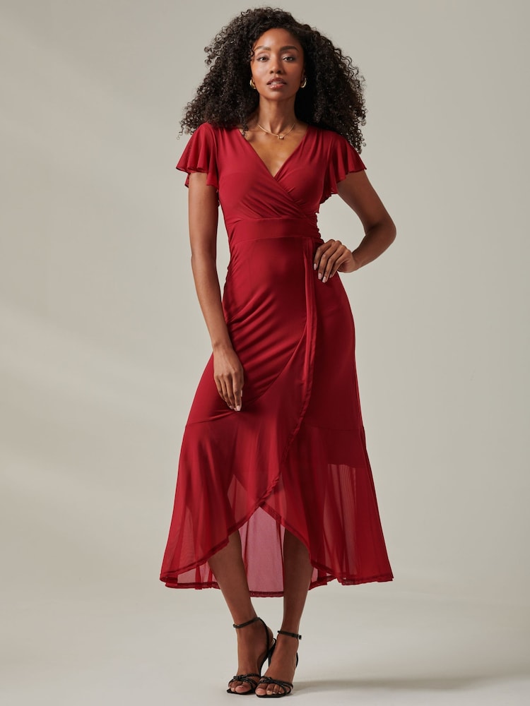 Jolie Moi Dark Red Plain Wrap Mesh Maxi Dress - Image 5 of 6