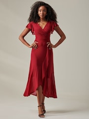 Jolie Moi Dark Red Plain Wrap Mesh Maxi Dress - Image 6 of 6