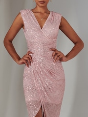 Jolie Moi Pink Plain Wrap Mesh Maxi Dress - Image 3 of 6
