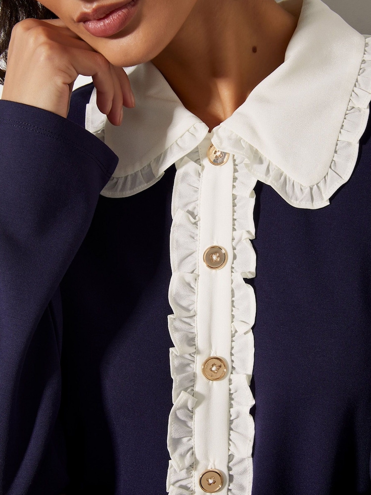 Monsoon Blue Penny Ponte Frill Collar Mini Dress - Image 2 of 3