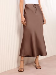 Friends Like These Chocolate Petite Satin Maxi Skirt - Image 1 of 4