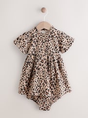Tan Brown Leopard Print Baby 100% Cotton Woven Dress and Bloomer Knickers Set (0mths-2yrs) - Image 1 of 8