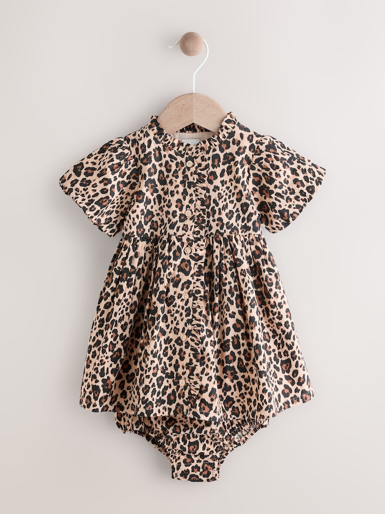 Tan Brown Leopard Print Baby 100% Cotton Woven Dress and Bloomer Knickers Set (0mths-2yrs) - Image 1 of 8