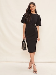Friends Like These Black Flutter Sleeve Knot Waist Detail Midi Tailored Dress - Image 3 of 4
