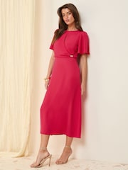 Friends Like These Berry Red Tulip Sleeve Wrap Front Tailored Dress - Image 1 of 4