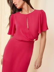 Friends Like These Berry Red Tulip Sleeve Wrap Front Tailored Dress - Image 2 of 4