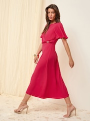 Friends Like These Berry Red Tulip Sleeve Wrap Front Tailored Dress - Image 3 of 4