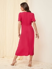 Friends Like These Berry Red Tulip Sleeve Wrap Front Tailored Dress - Image 4 of 4