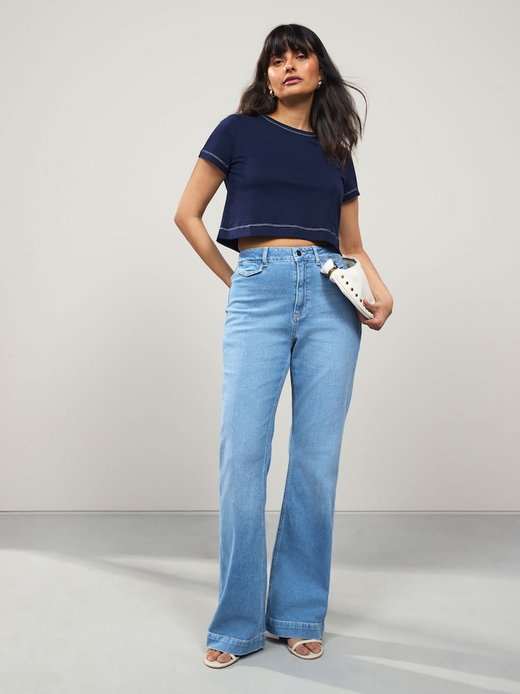 Mid Blue Double Button Flared Jeans - Image 1 of 8 Mid Blue Double Button Flared Jeans - Image 1 of 8