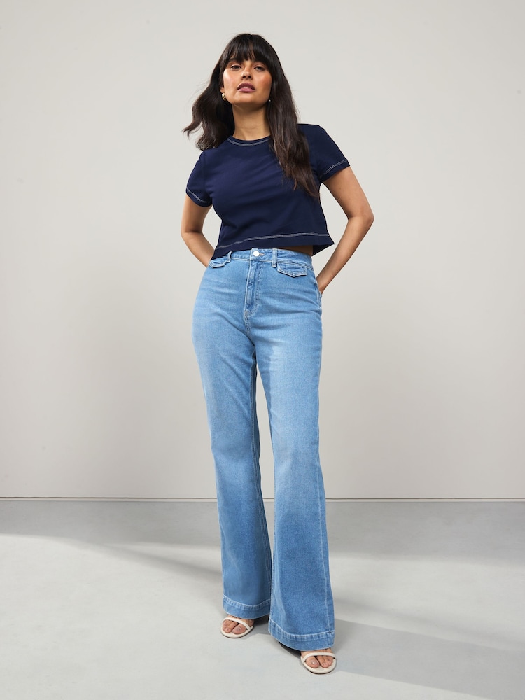 Mid Blue Double Button Flared Jeans - Image 2 of 8 Mid Blue Double Button Flared Jeans - Image 2 of 8