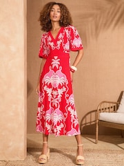 Love & Roses Red Floral Jersey V-Neck Kimono Sleeve Midi Dress - Image 1 of 4