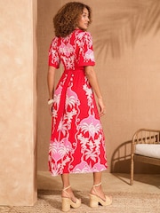 Love & Roses Red Floral Jersey V-Neck Kimono Sleeve Midi Dress - Image 2 of 4
