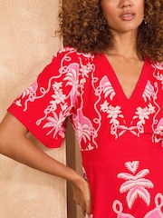 Love & Roses Red Floral Jersey V-Neck Kimono Sleeve Midi Dress - Image 4 of 4