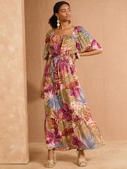 Love & Roses Pink Palm Metallic Kimono Sleeve Square Neck Belted Maxi Dress - Image 1 of 4