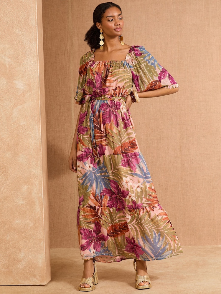 Love & Roses Pink Palm Metallic Kimono Sleeve Square Neck Belted Maxi Dress - Image 1 of 4