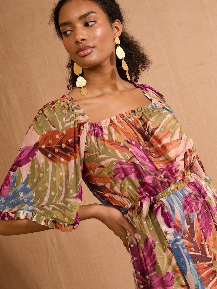 Love & Roses Pink Palm Metallic Kimono Sleeve Square Neck Belted Maxi Dress - Image 2 of 4