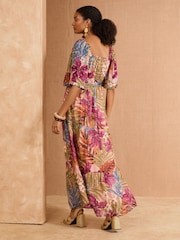 Love & Roses Pink Palm Metallic Kimono Sleeve Square Neck Belted Maxi Dress - Image 3 of 4