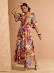 Love & Roses Pink Palm Metallic Kimono Sleeve Square Neck Belted Maxi Dress - Image 4 of 4