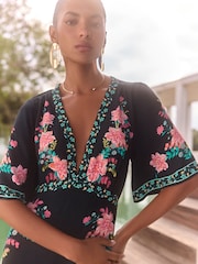 V&A I Love & Roses Black Floral Petite Printed V-Neck Short Sleeve Midi Dress - Image 2 of 4