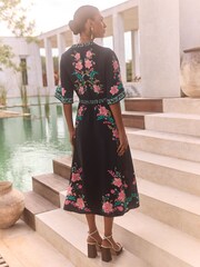 V&A I Love & Roses Black Floral Petite Printed V-Neck Short Sleeve Midi Dress - Image 3 of 4