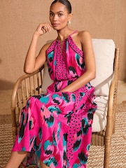 Love & Roses Pink Animal Print Halter Neck Trim Detail Belted Midaxi Dress - Image 3 of 4
