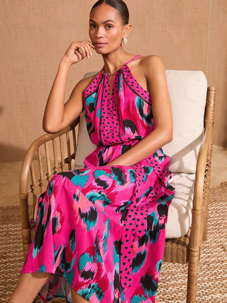 Love & Roses Pink Animal Print Halter Neck Trim Detail Belted Midi Dress - Image 3 of 4