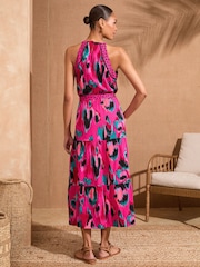 Love & Roses Pink Animal Print Halter Neck Trim Detail Belted Midaxi Dress - Image 4 of 4