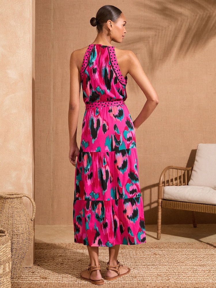 Love & Roses Pink Animal Print Halter Neck Trim Detail Belted Midaxi Dress - Image 4 of 4