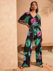 Love & Roses Jersey Angel Sleeve V-Neck Belted Jumpsuit - Image 1 of 4
