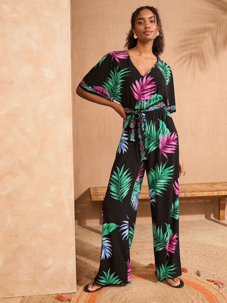 Love & Roses Jersey Angel Sleeve V-Neck Belted Jumpsuit - Image 1 of 4