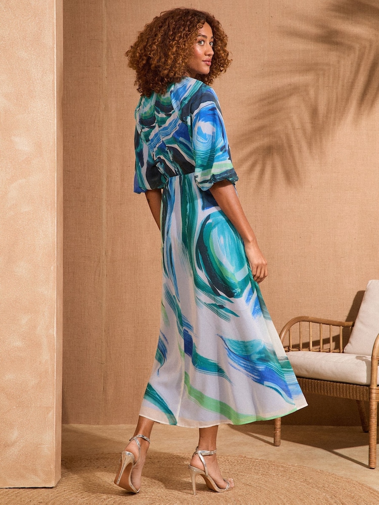Love & Roses Blue Abstract Printed V-Neck Puff Sleeve Midi Dress - Image 2 of 4 Love & Roses Blue Abstract Printed V-Neck Puff Sleeve Midi Dress - Image 2 of 4