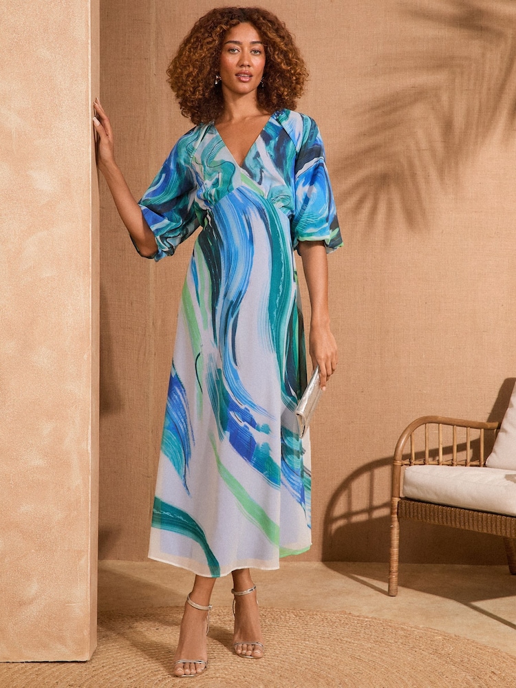 Love & Roses Blue Abstract Printed V-Neck Puff Sleeve Midi Dress - Image 3 of 4
