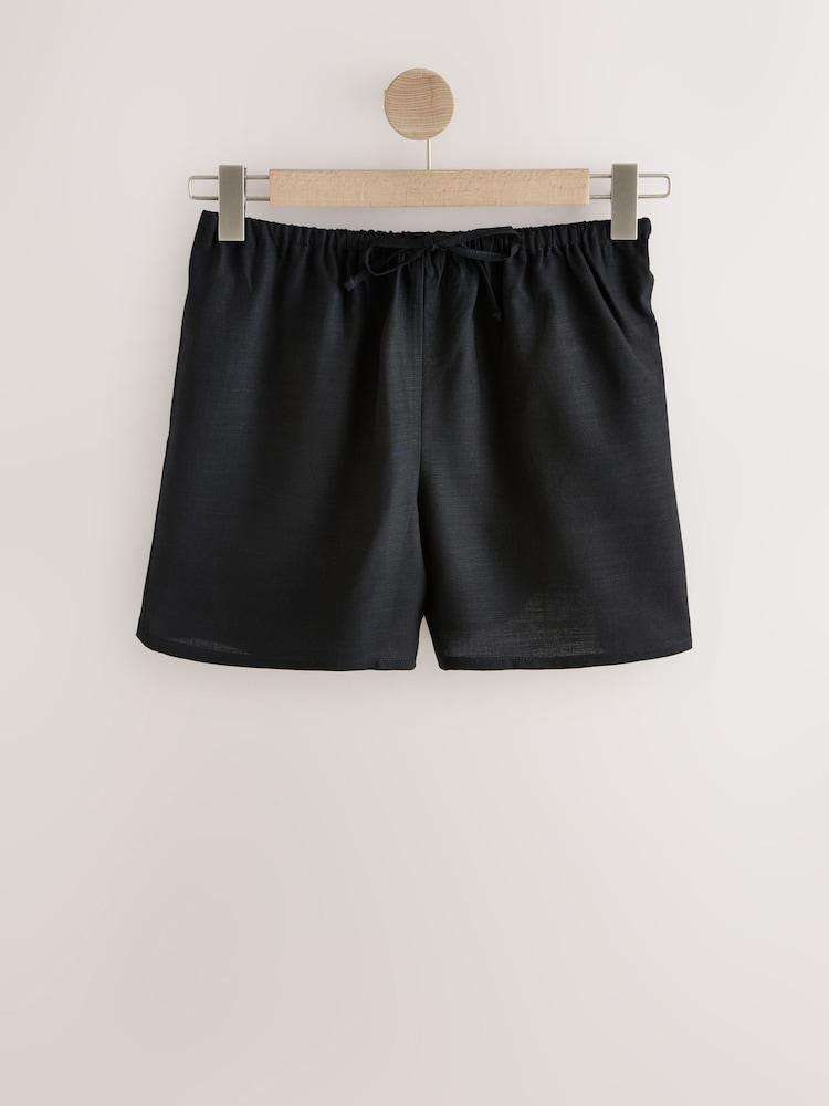 Black Elasticated Tie Waist Shorts with Linen - Image 1 of 3
