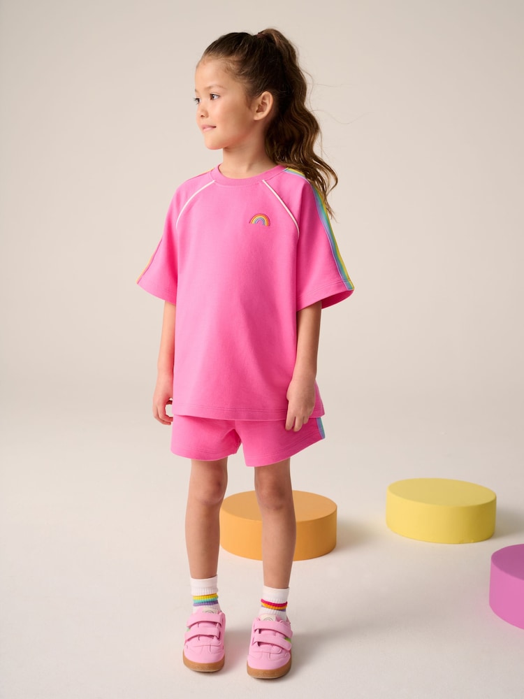 Little Bird by Jools Oliver Pink Rainbow Short Sleeve Sweat Top and Shorts Set - Image 1 of 7