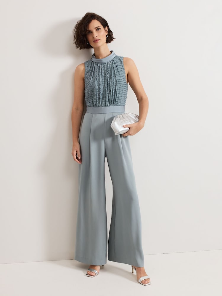 Phase Eight Blue Eliza Textured Bodice Wide Leg Jumpsuit - Image 1 of 7
