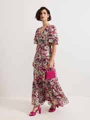 Phase Eight Black Violet Floral Print Ruffle Maxi Dress - Image 1 of 7