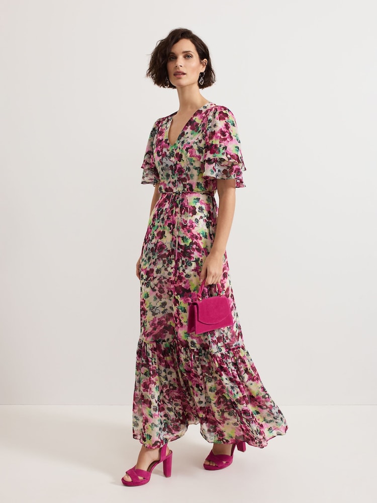 Phase Eight Black Violet Floral Print Ruffle Maxi Dress - Image 1 of 7