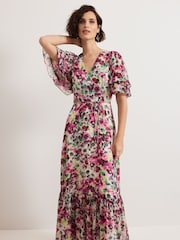 Phase Eight Black Violet Floral Print Ruffle Maxi Dress - Image 3 of 7